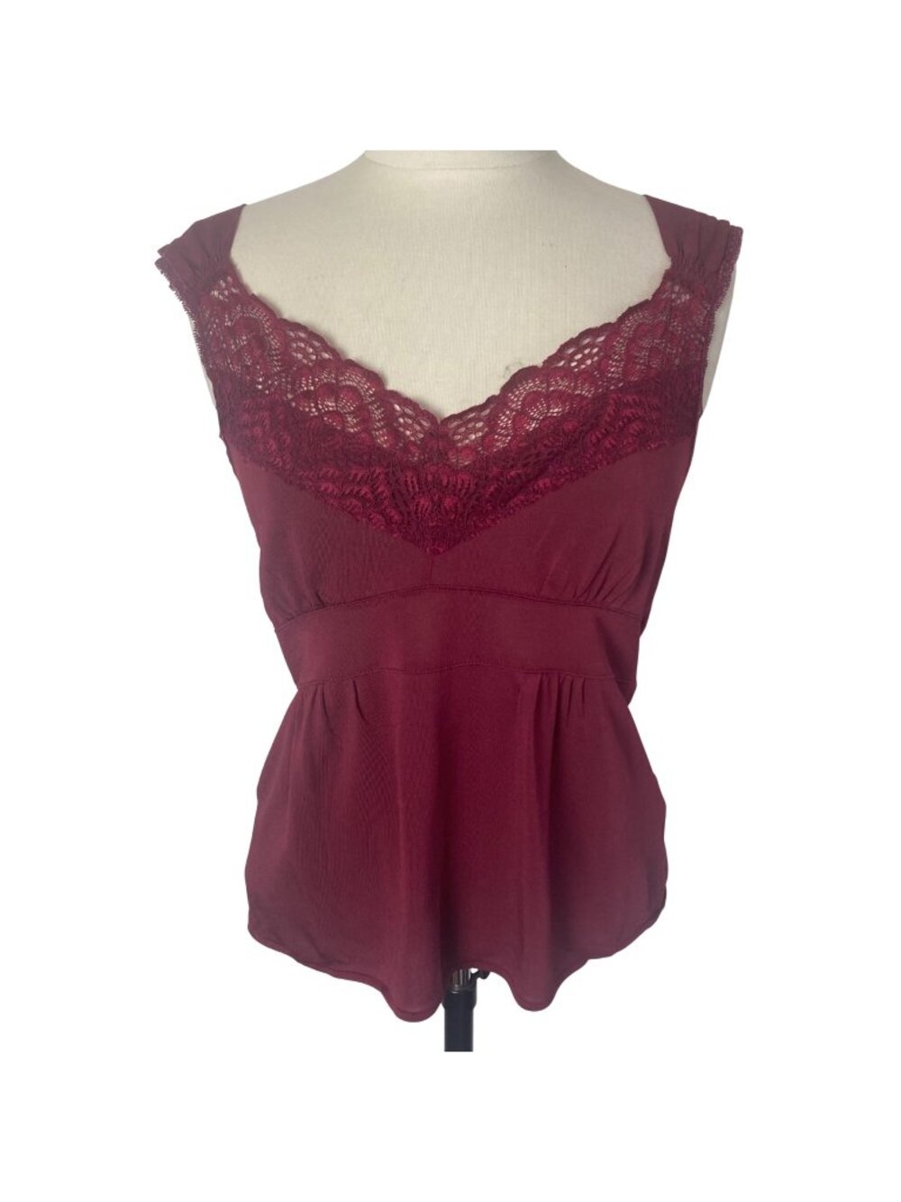 Vintage Banana Republic Y2K Babydoll Top Large Burgundy Red Lace Trim Sleeveless
